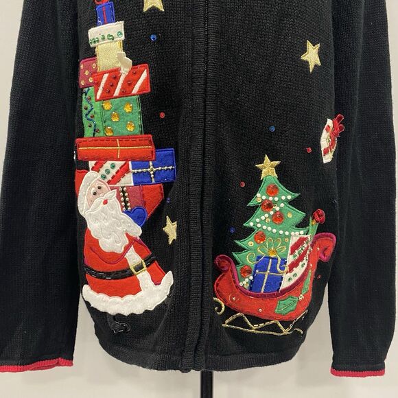 VTG Tiara Int'l M Black Ugly Christmas Sweater Zipper Cardigan Santa Embroidered - Picture 3 of 16